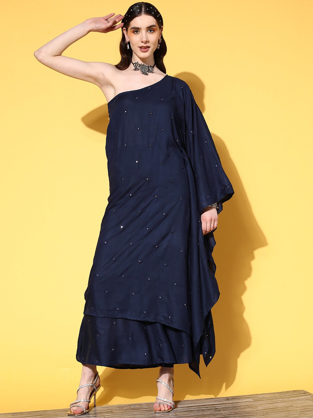 

InWeave Navy Blue One-Shoulder Embroidered Mirror Work Kurta with Palazzos