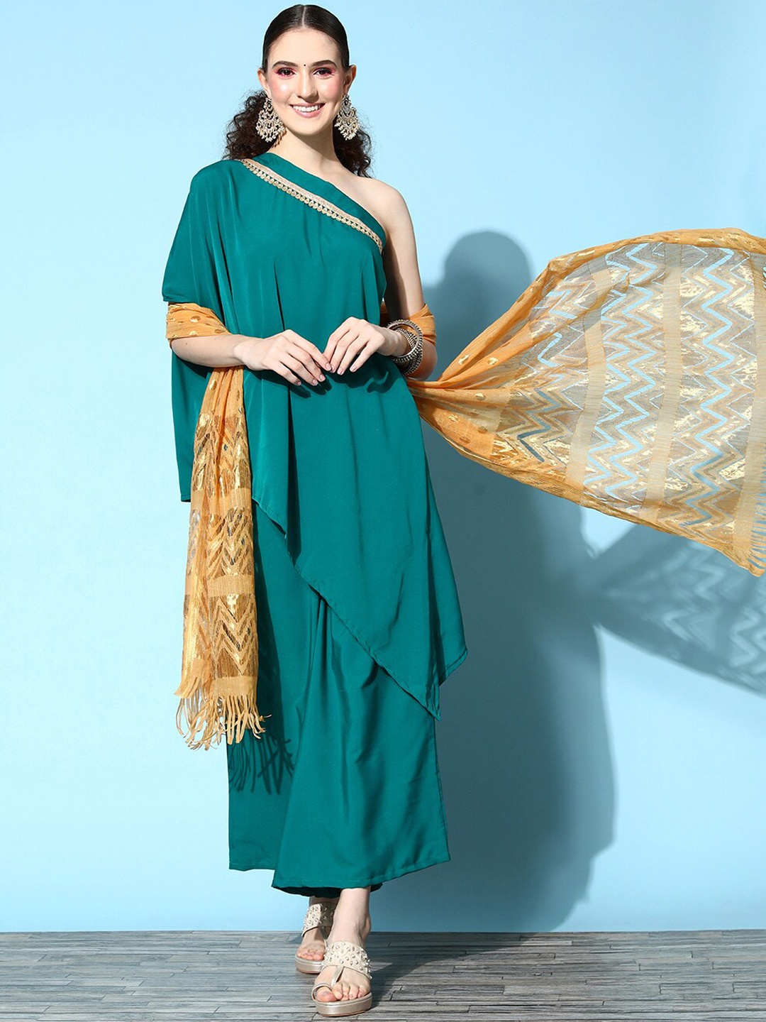 

InWeave Teal & Gold-Toned One Shoulder Gotta Patti Kurta with Palazzos & Dupatta