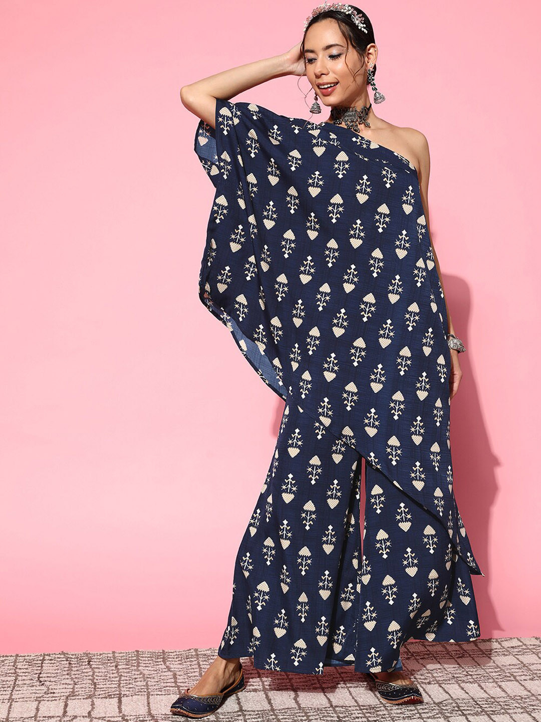 

InWeave One Shoulder Ethnic Motifs Printed A-Line Kurta with Palazzos, Navy blue