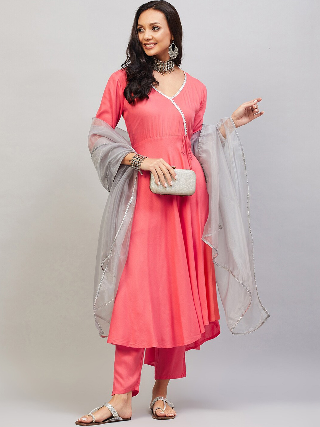 

InWeave Coral-Color & Grey V-Neck Gotta Patti Angrakha Kurta with Trousers & Dupatta