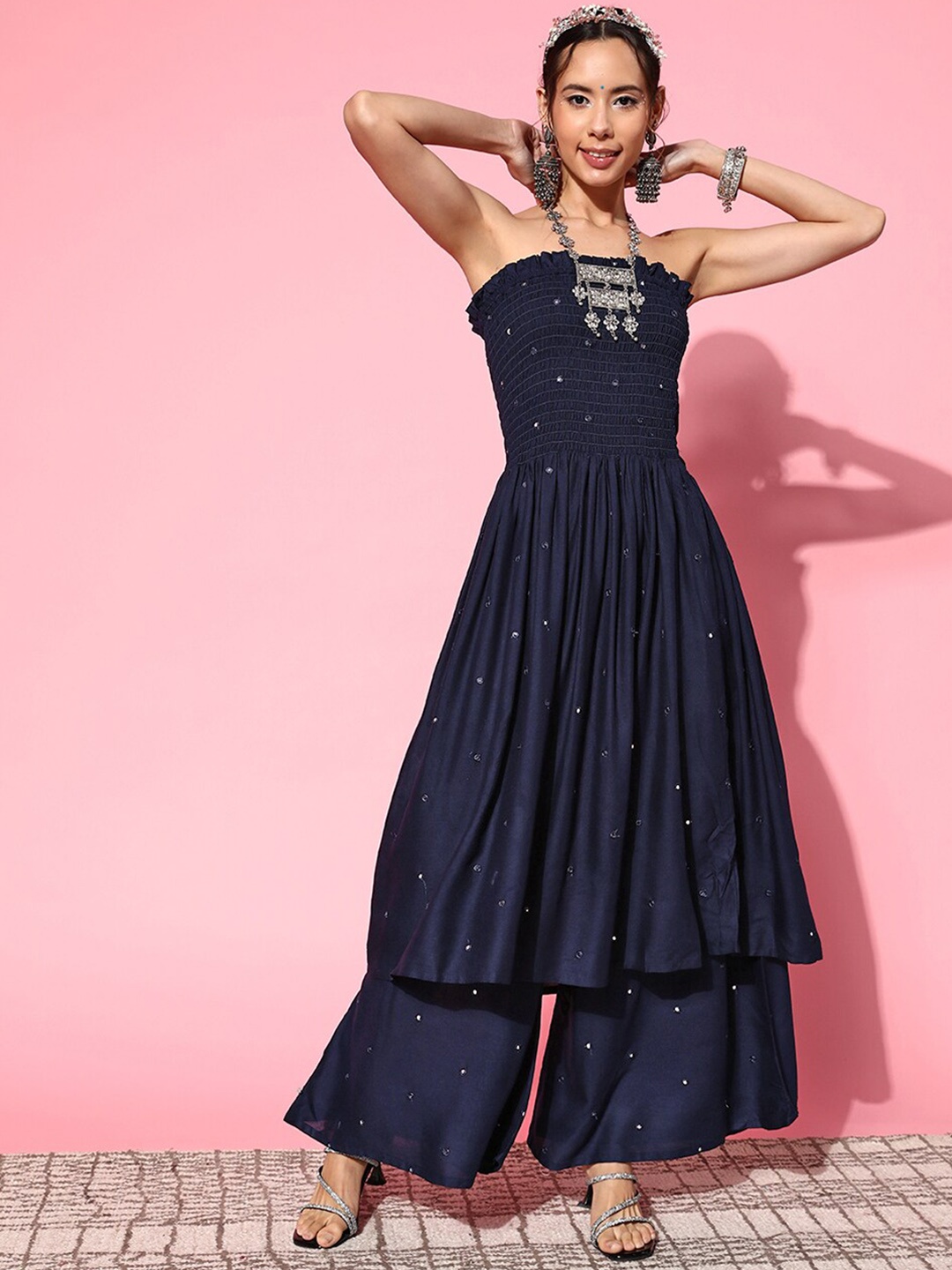 

InWeave Navy Blue Off-Shoulder Smocked Anarkali Mirror Work Kurta with Palazzos