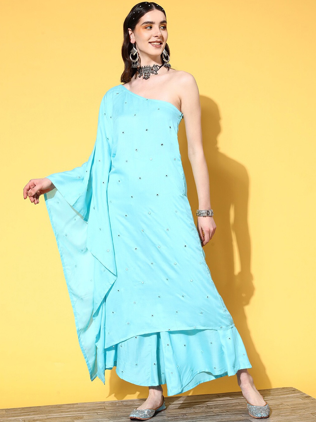 

InWeave Blue One-Shoulder Embroidered Mirror Work Kurta with Palazzos