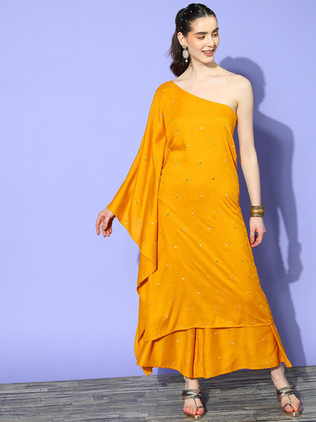 

InWeave Mustard Yellow One-Shoulder Embroidered Mirror Work Kurta with Palazzos
