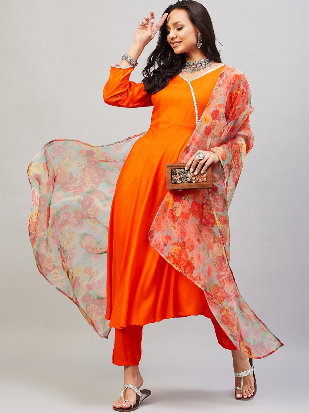 

InWeave Orange & Green V-Neck Gotta Patti Angrakha Kurta with Trousers & Dupatta