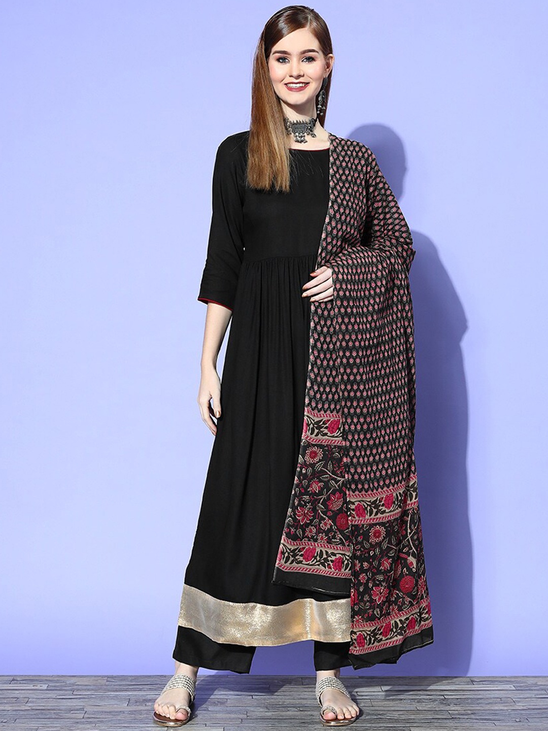 

InWeave Black & Pink Pleated Anarkali Kurta with Palazzos & Dupatta