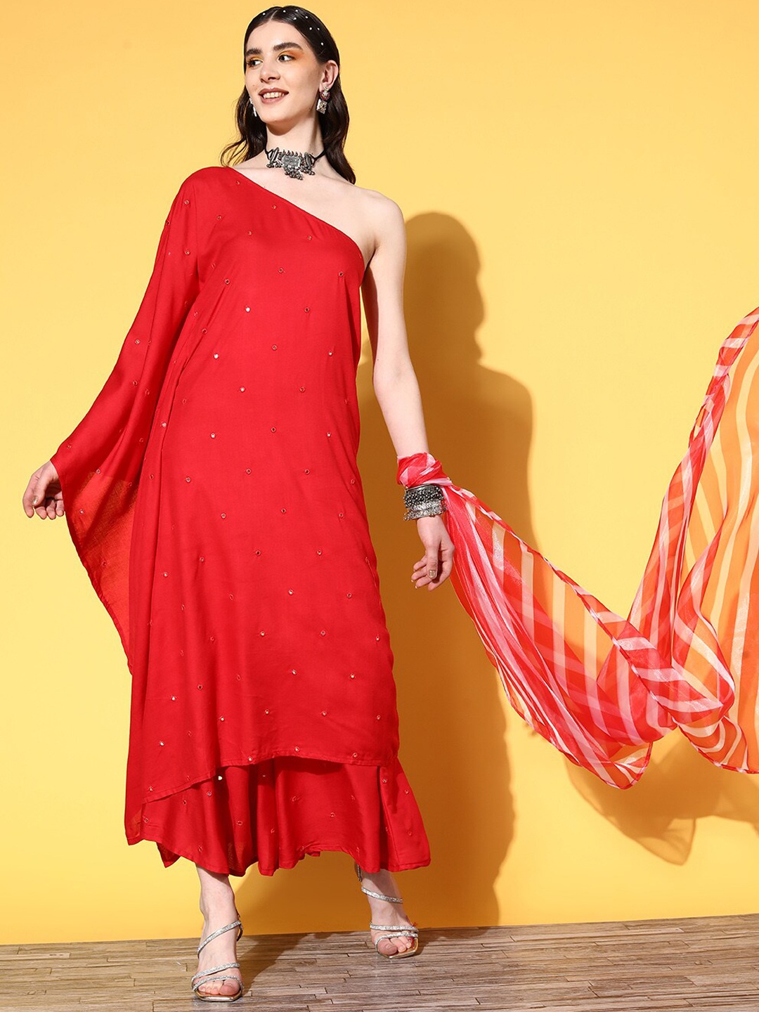 

InWeave Red & White One Shoulder Mirror Work Kurta with Palazzos & Dupatta