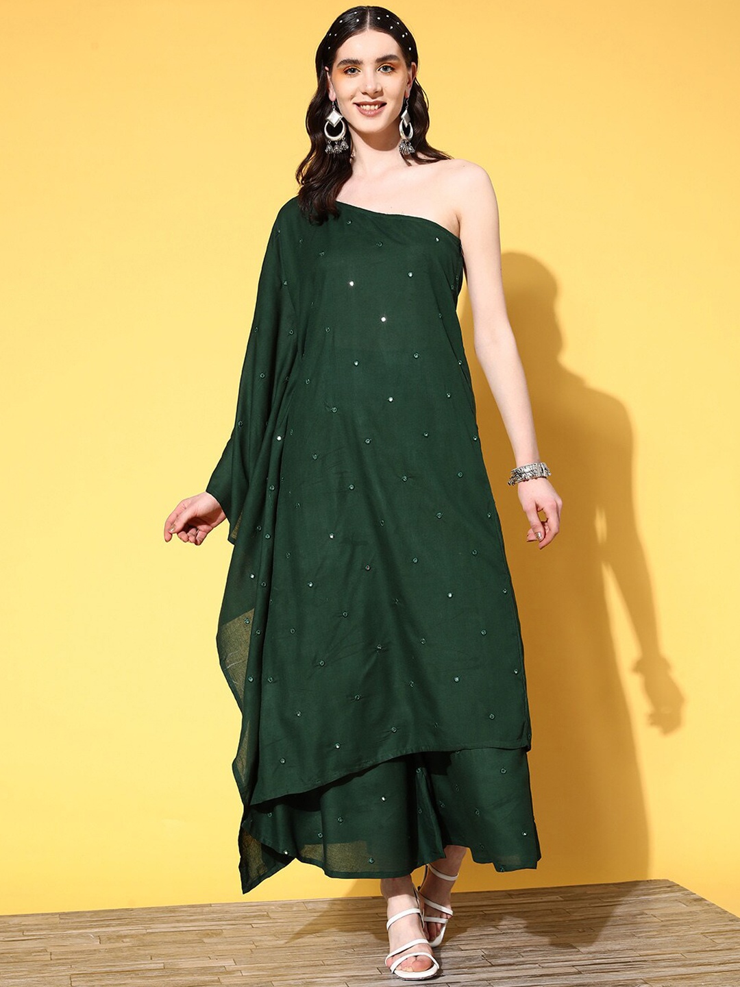 

InWeave Green One-Shoulder Embroidered Mirror Work Kurta with Palazzos