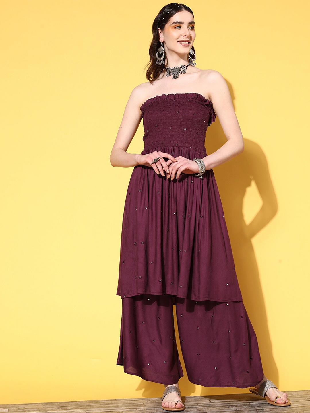 

InWeave Purple Off-Shoulder Smocked Anarkali Mirror Work Kurta with Palazzos