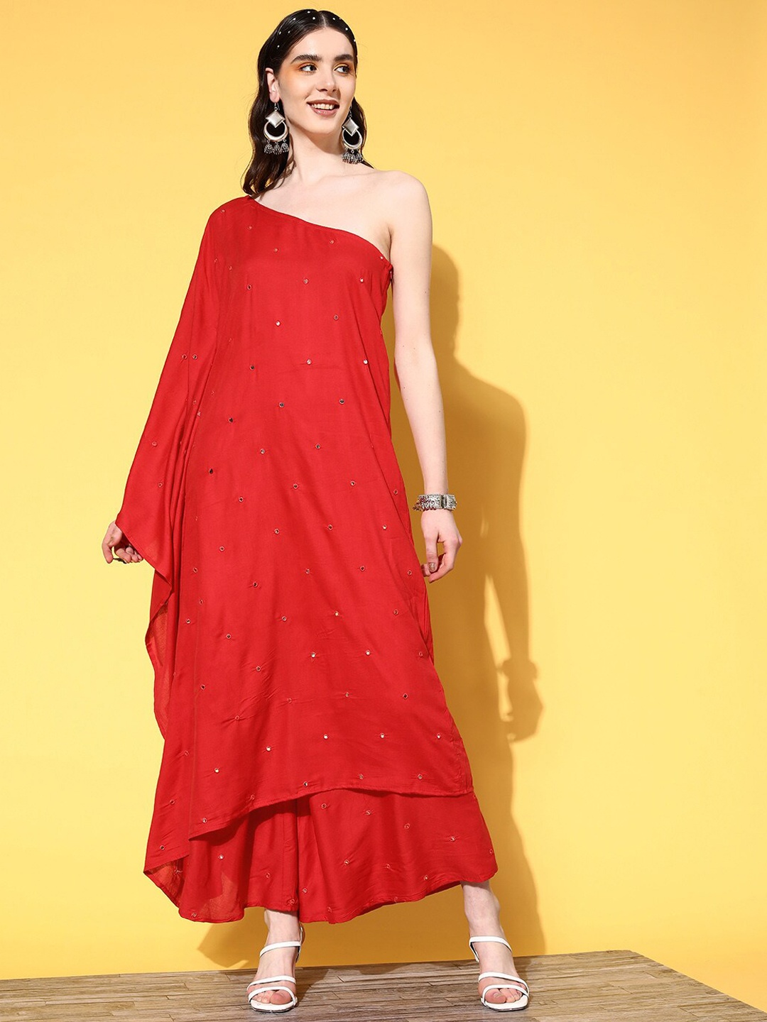 

InWeave Red One-Shoulder Ethnic Motifs Embroidered Mirror Work Kurta with Palazzos