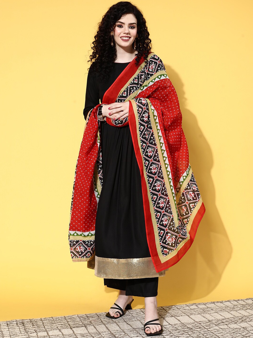 

InWeave Black & Red Pleated Anarkali Kurta with Palazzos & Dupatta