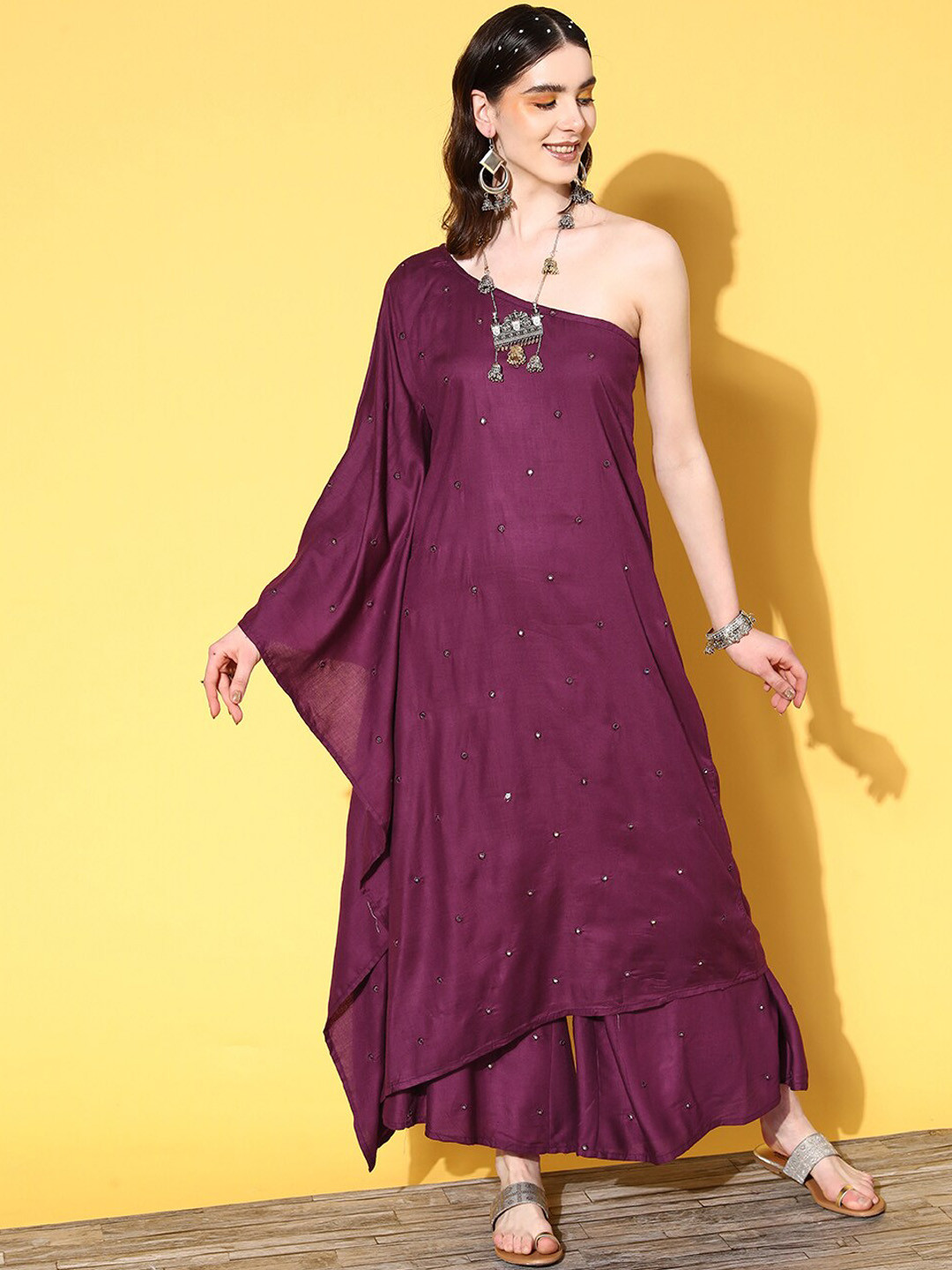 

InWeave Purple One-Shoulder Embroidered Mirror Work Kurta with Palazzos