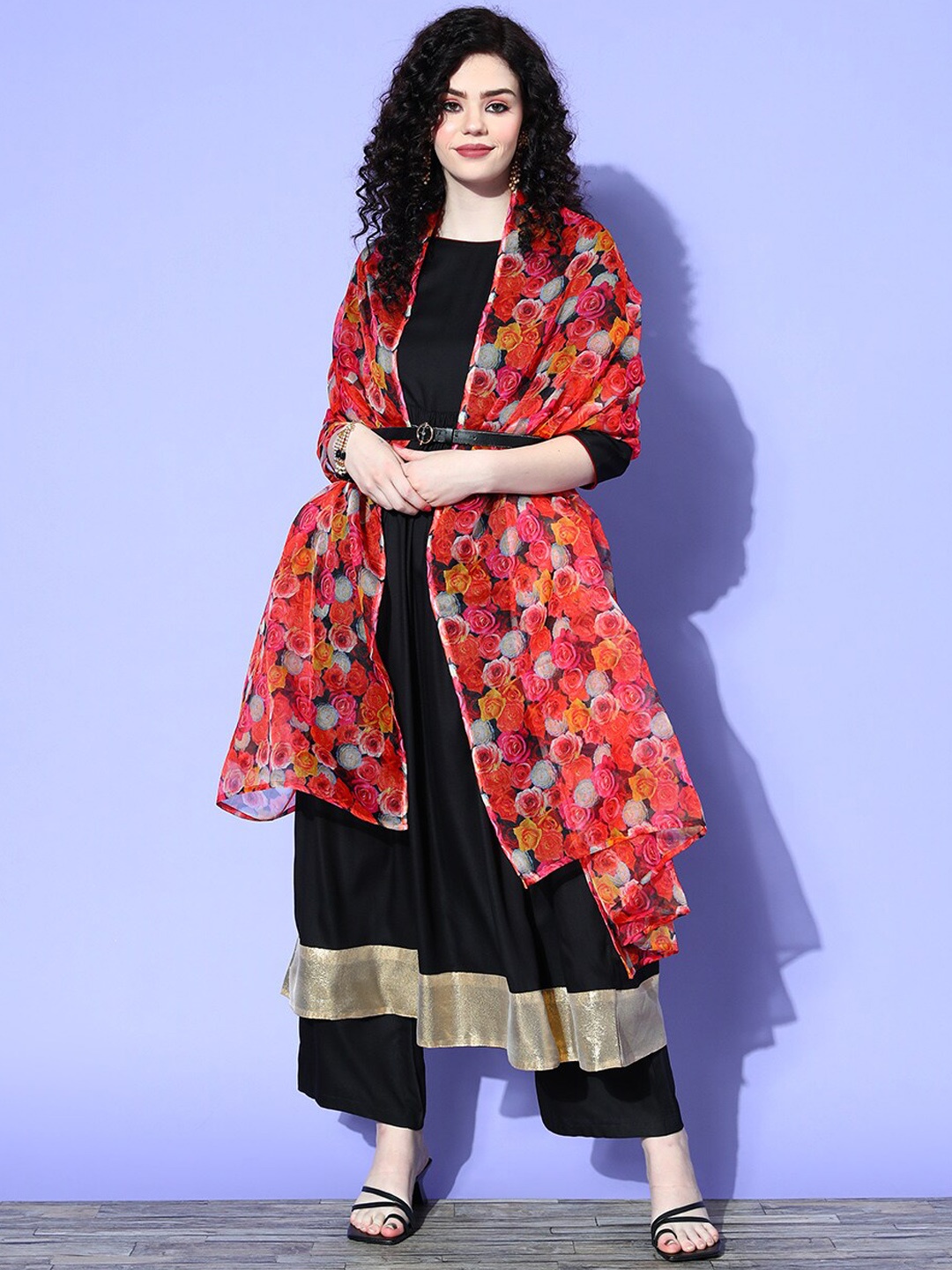 

InWeave Black & Red Pleated Anarkali Kurta with Palazzos & Dupatta