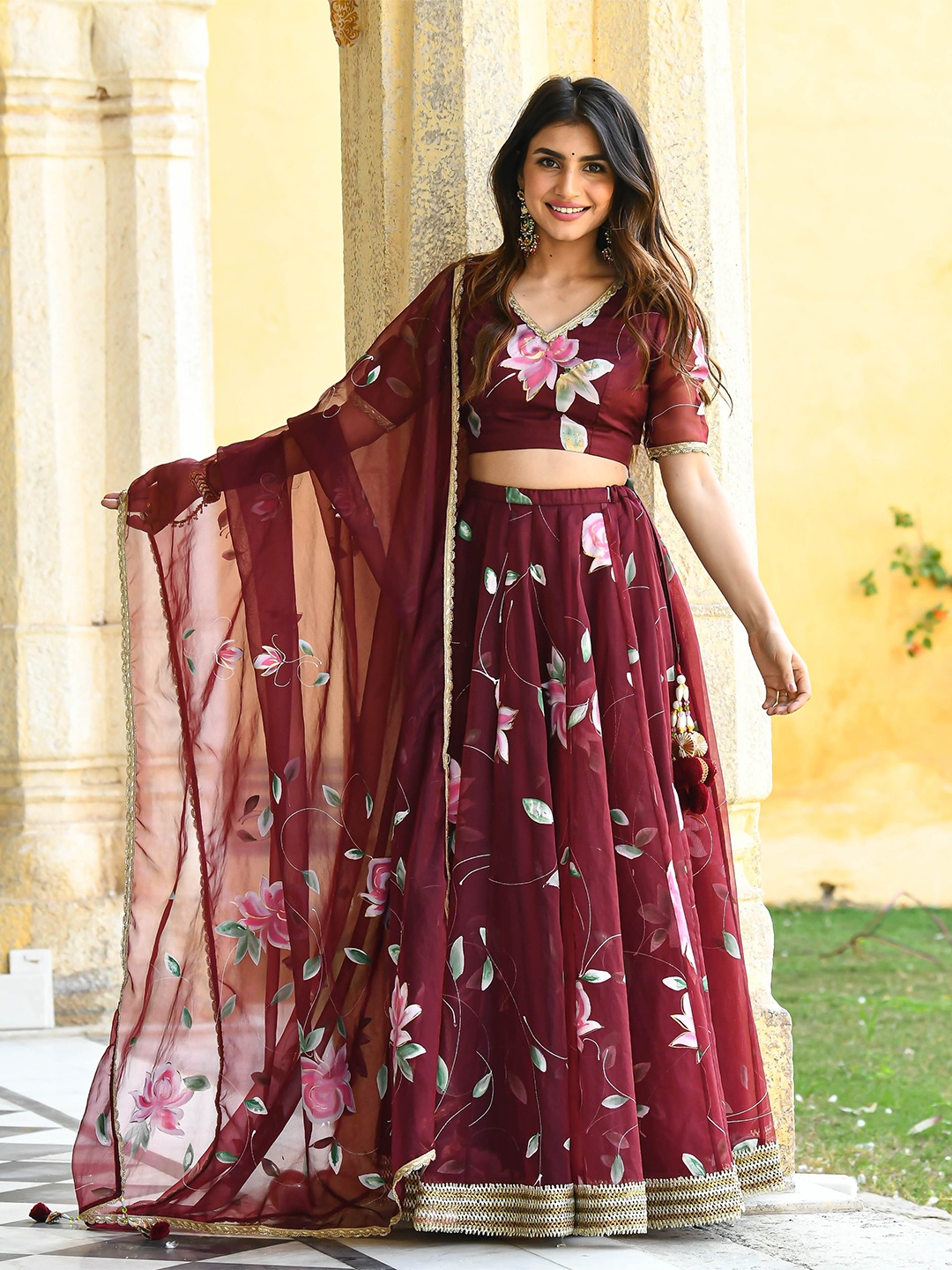 

Bunaai Floral Printed V-Neck Ready to Wear Lehenga & Blouse With Dupatta, Maroon