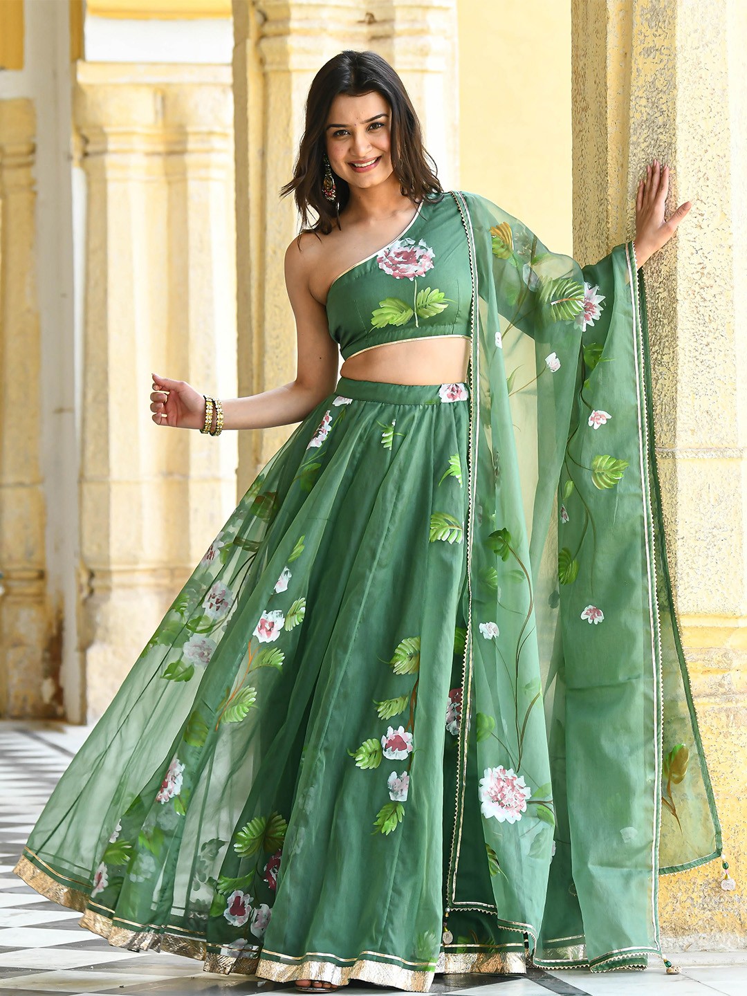 

Bunaai Floral Printed One Shoulder Lehenga & Blouse With Dupatta, Green