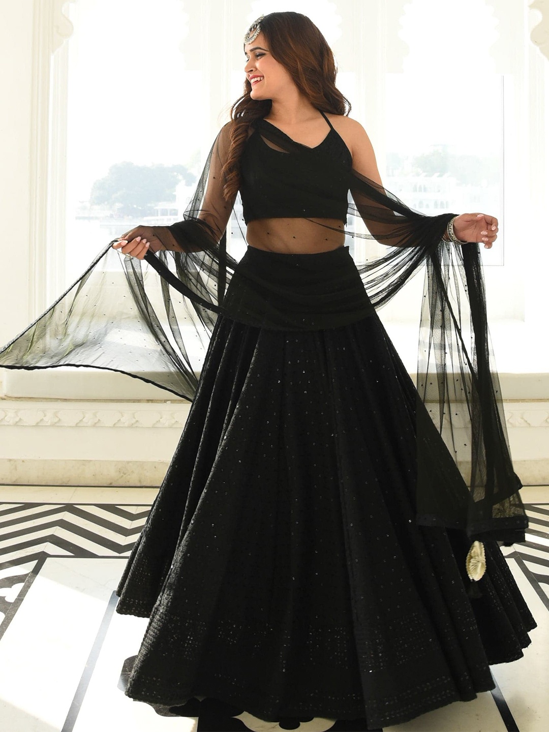 

Bunaai Sequin Embroidered Shoulder Straps Lehenga & Blouse With Dupatta, Black