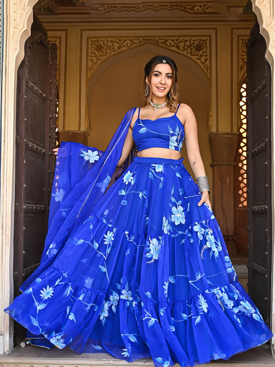 

Bunaai Blue Floral Printed Readymade Lehenga & Blouse With Dupatta