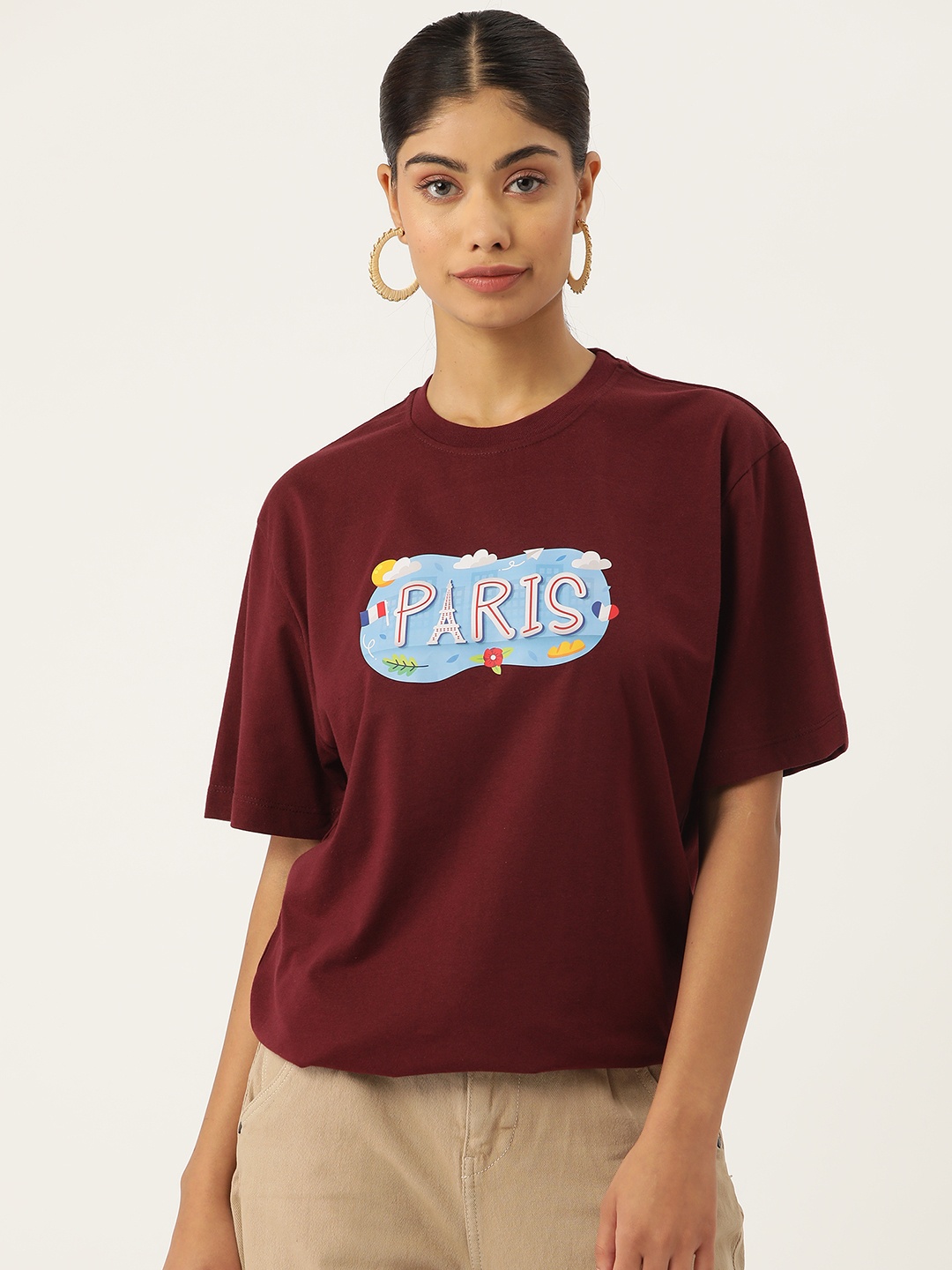 

Slenor Typography Printed Drop-Shoulder Sleeves Pure Cotton Loose T-shirt, Maroon