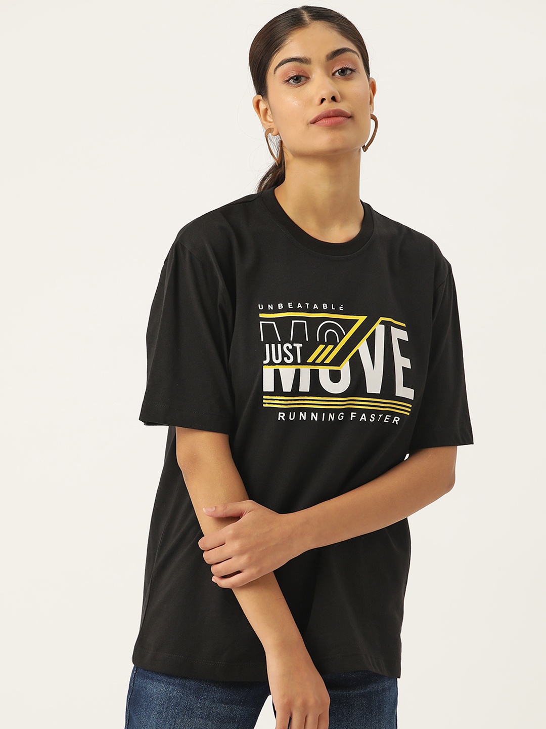 

Slenor Typography Printed Drop-Shoulder Sleeves Pure Cotton Loose T-shirt, Black