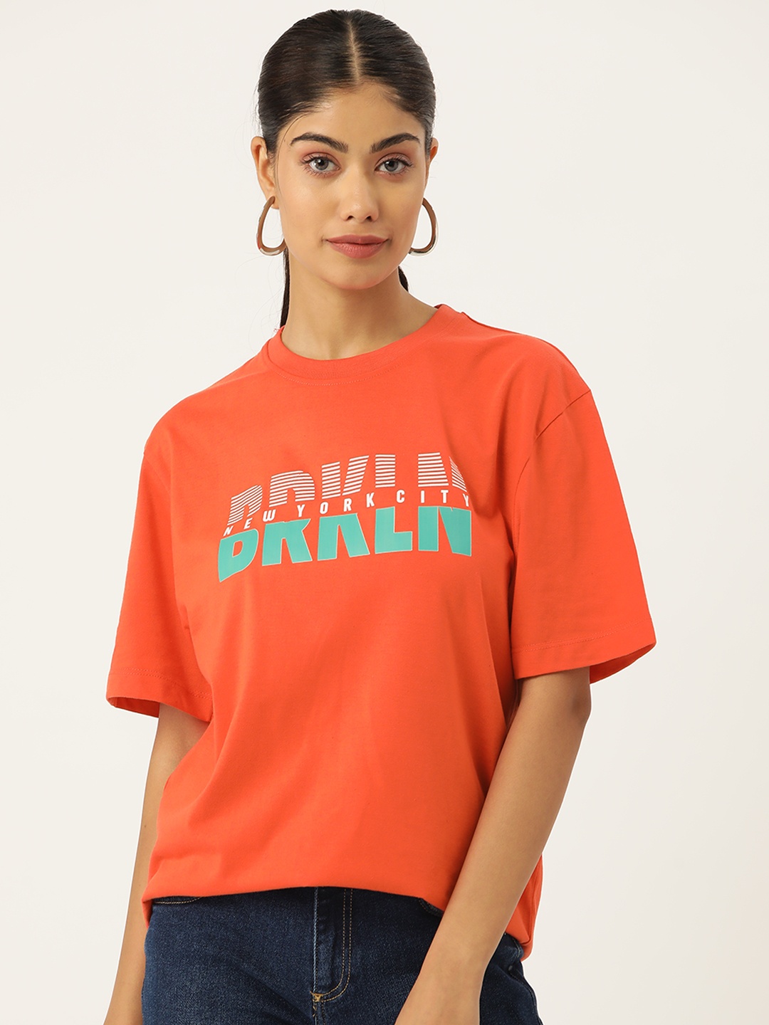 

Slenor Typography Printed Drop-Shoulder Sleeves Pure Cotton Loose T-shirt, Orange