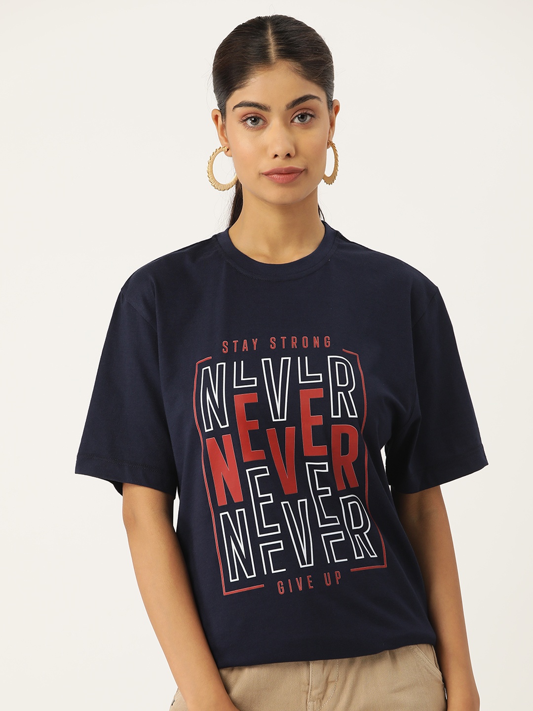 

Slenor Typography Printed Drop-Shoulder Sleeves Pure Cotton Loose T-shirt, Navy blue