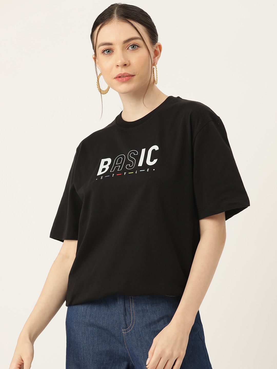 

Slenor Typography Printed Drop-Shoulder Sleeves Pure Cotton Loose T-shirt, Black