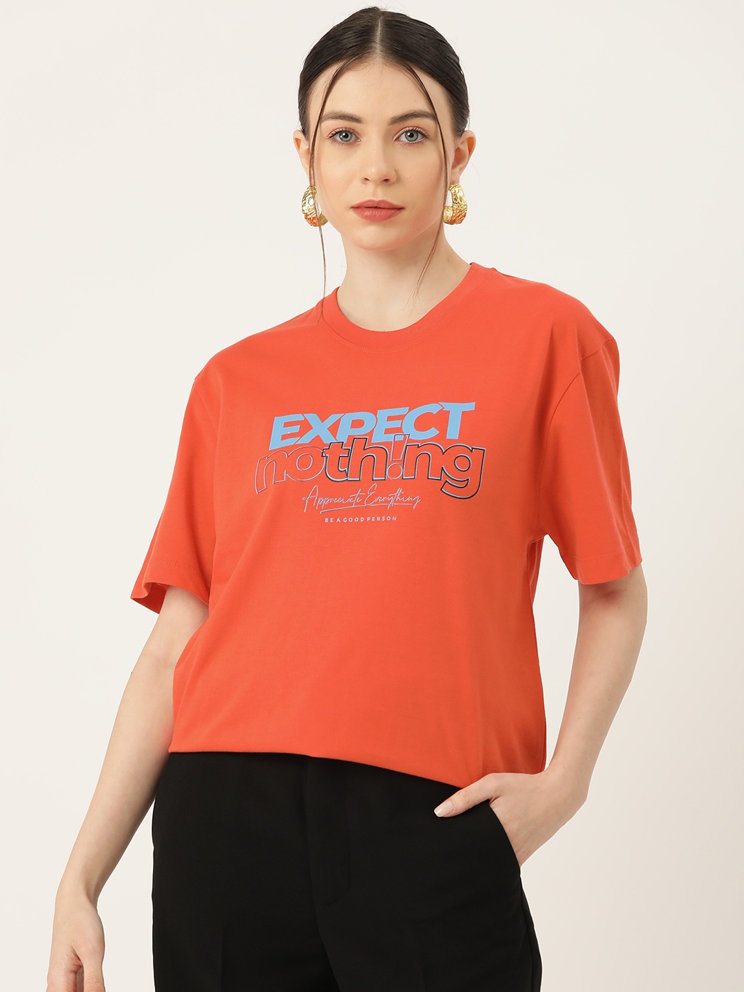 

Slenor Typography Printed Drop-Shoulder Sleeves Pure Cotton Loose T-shirt, Orange