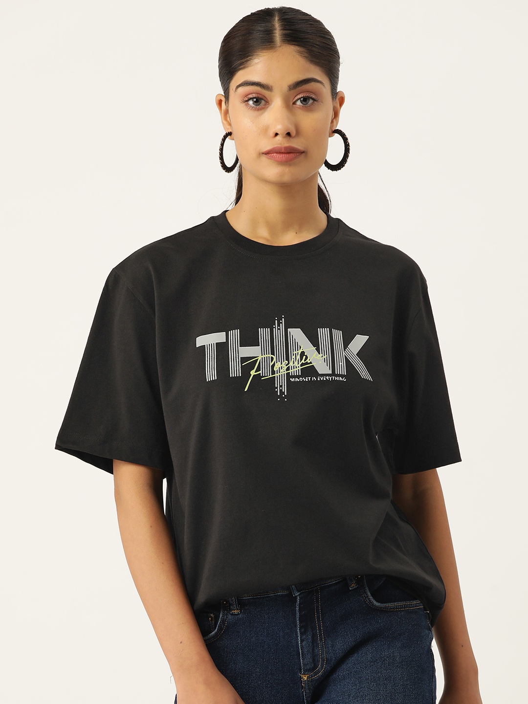 

Slenor Typography Printed Drop-Shoulder Sleeves Pure Cotton Loose T-shirt, Black