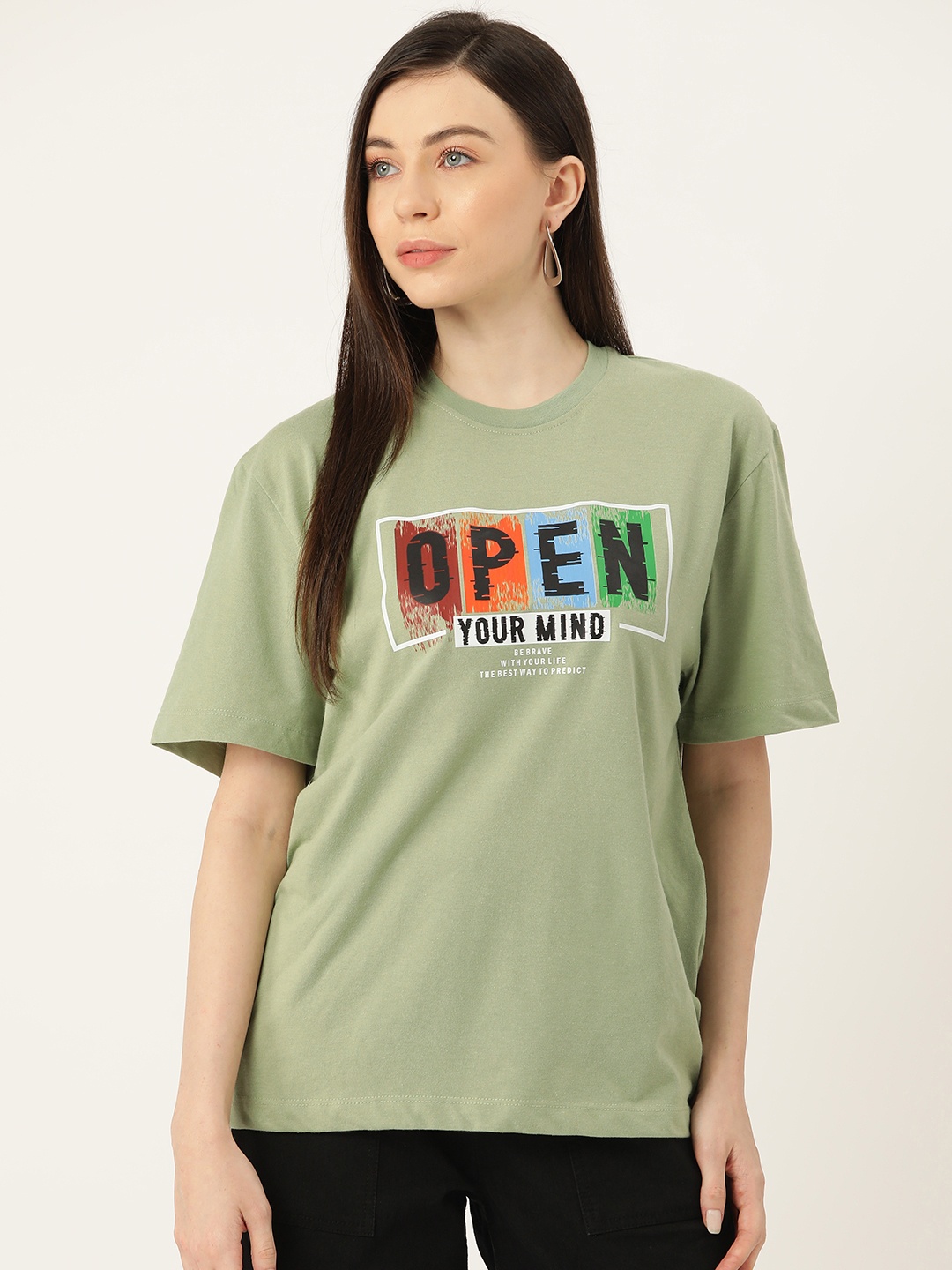 

Slenor Typography Printed Drop-Shoulder Sleeves Pure Cotton Loose T-shirt, Olive