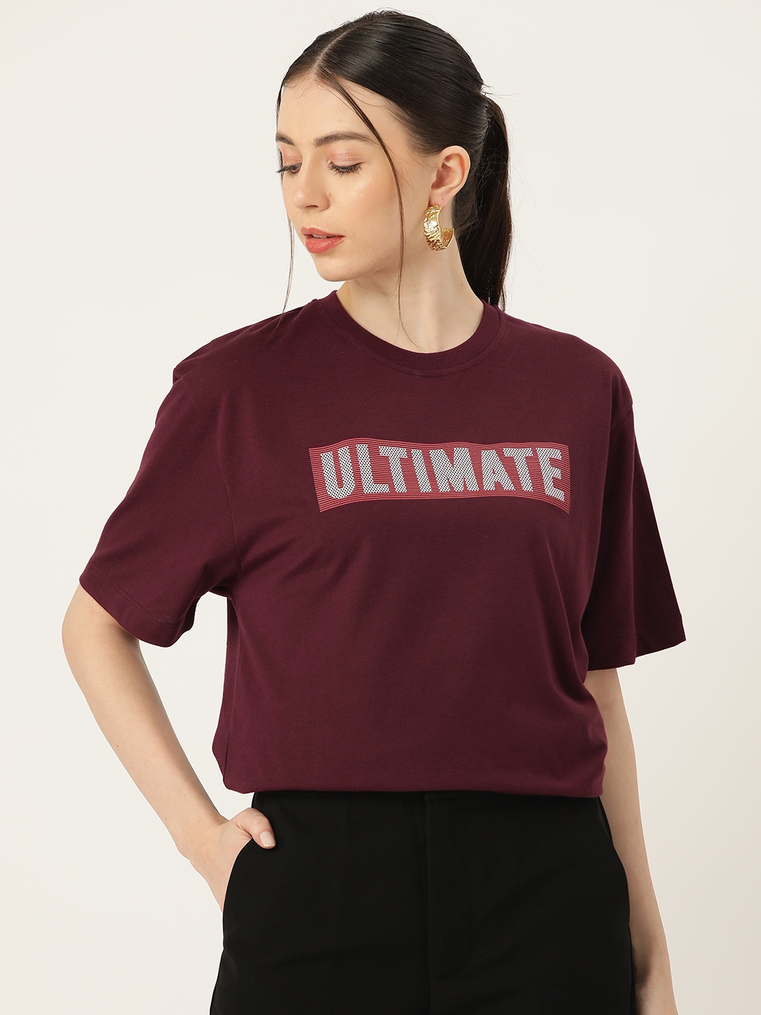

Slenor Typography Printed Drop-Shoulder Sleeves Pure Cotton Loose T-shirt, Maroon