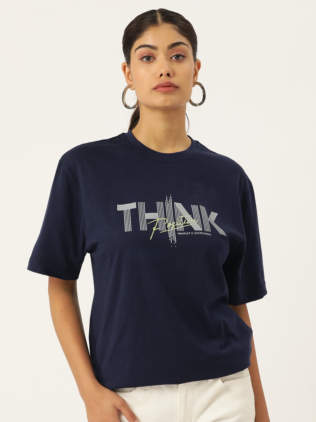 

Slenor Typography Printed Drop-Shoulder Sleeves Pure Cotton Loose T-shirt, Navy blue