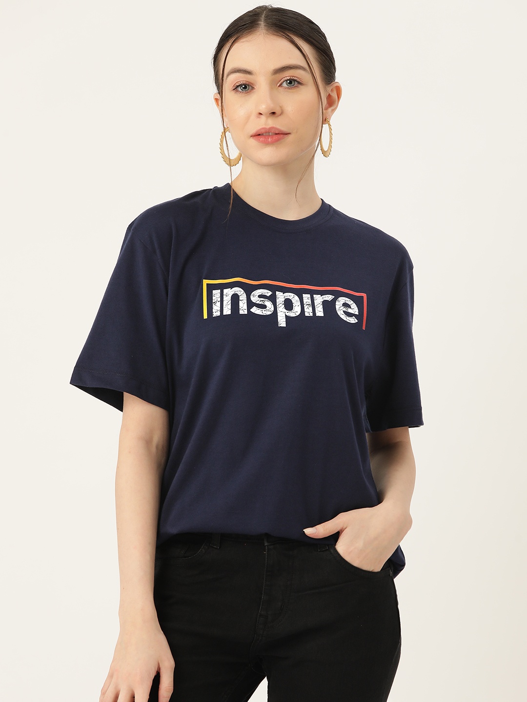

Slenor Typography Printed Drop-Shoulder Sleeves Pure Cotton Loose T-shirt, Navy blue