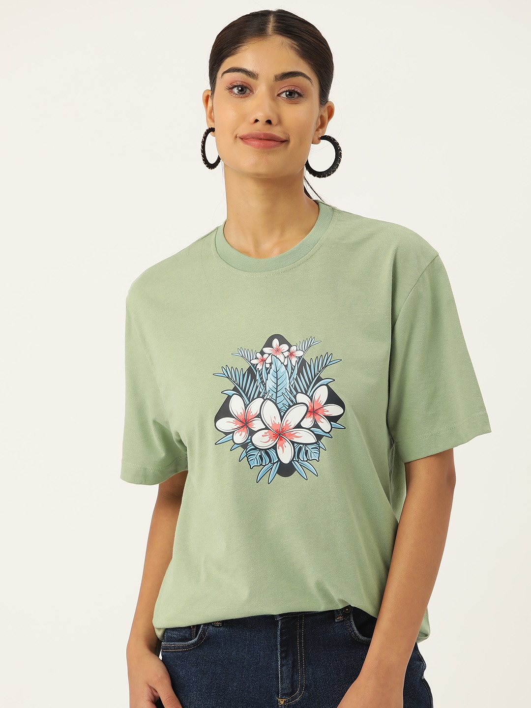 

Slenor Graphic Printed Drop-Shoulder Sleeves Pure Cotton Loose T-shirt, Olive