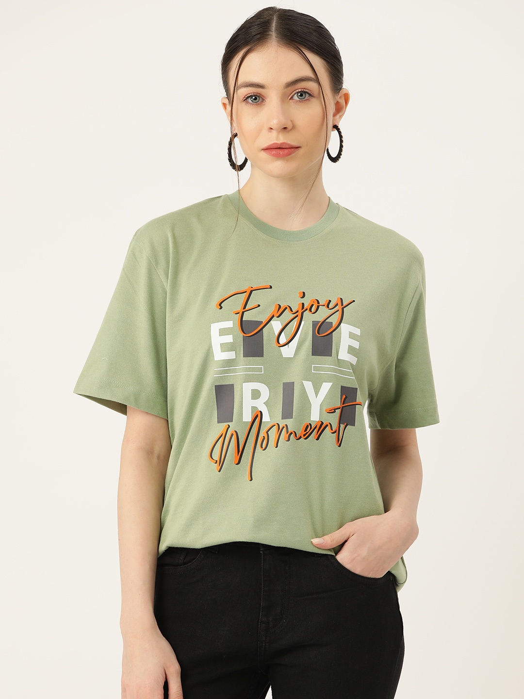 

Slenor Typography Printed Drop-Shoulder Sleeves Pure Cotton Loose T-shirt, Olive