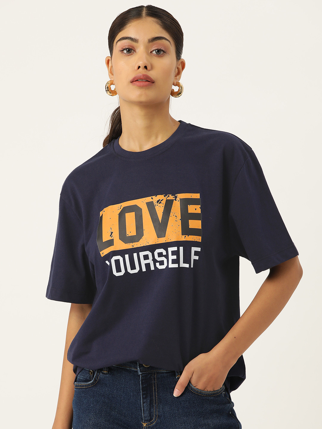 

Slenor Typography Printed Drop-Shoulder Sleeves Pure Cotton Loose T-shirt, Navy blue