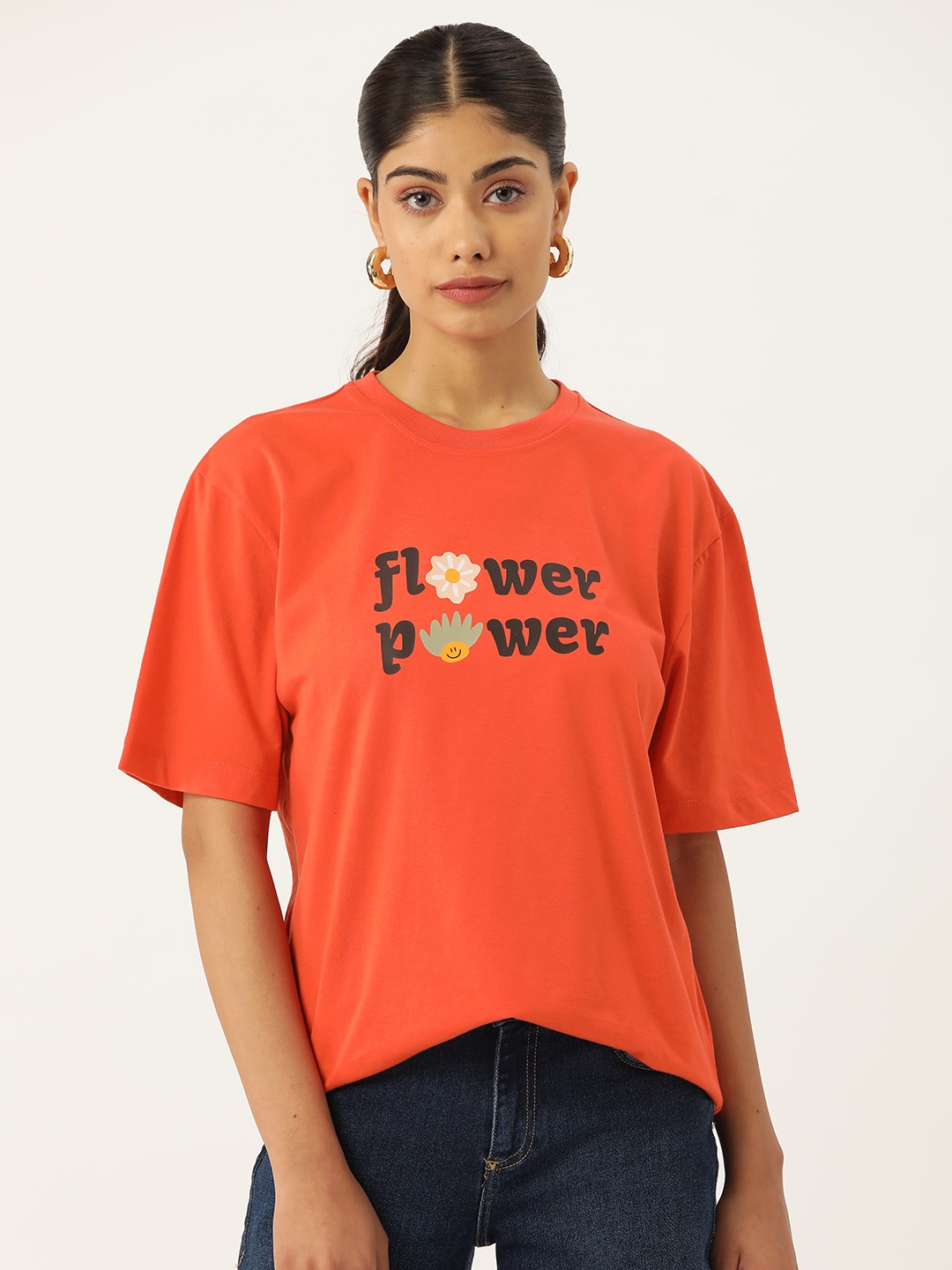 

Slenor Typography Printed Drop-Shoulder Sleeves Pure Cotton Loose T-shirt, Orange