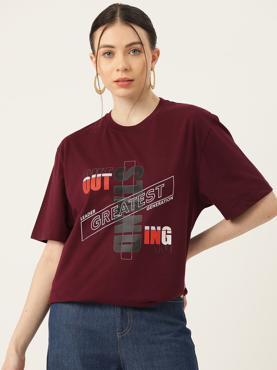 

Slenor Typography Printed Drop-Shoulder Sleeves Pure Cotton Loose T-shirt, Maroon
