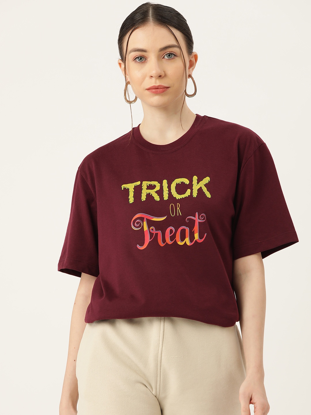 

Slenor Typography Printed Drop-Shoulder Sleeves Pure Cotton Loose T-shirt, Maroon