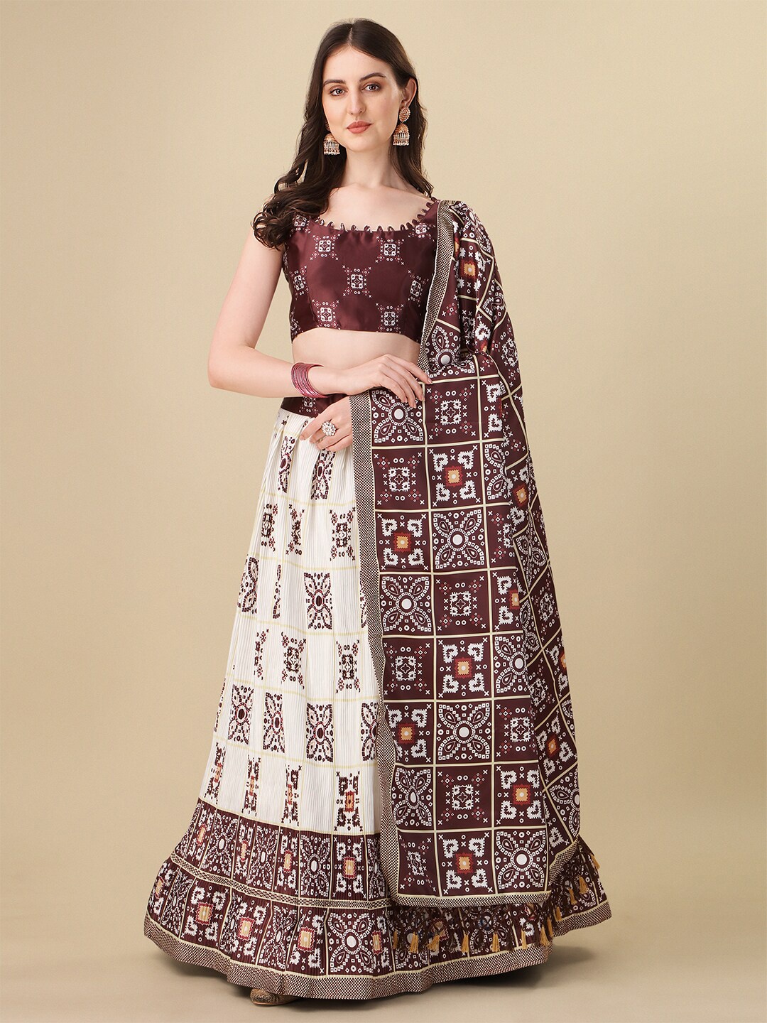 

Fab Dadu Printed Semi-Stitched Lehenga & Unstitched Blouse With Dupatta, Brown