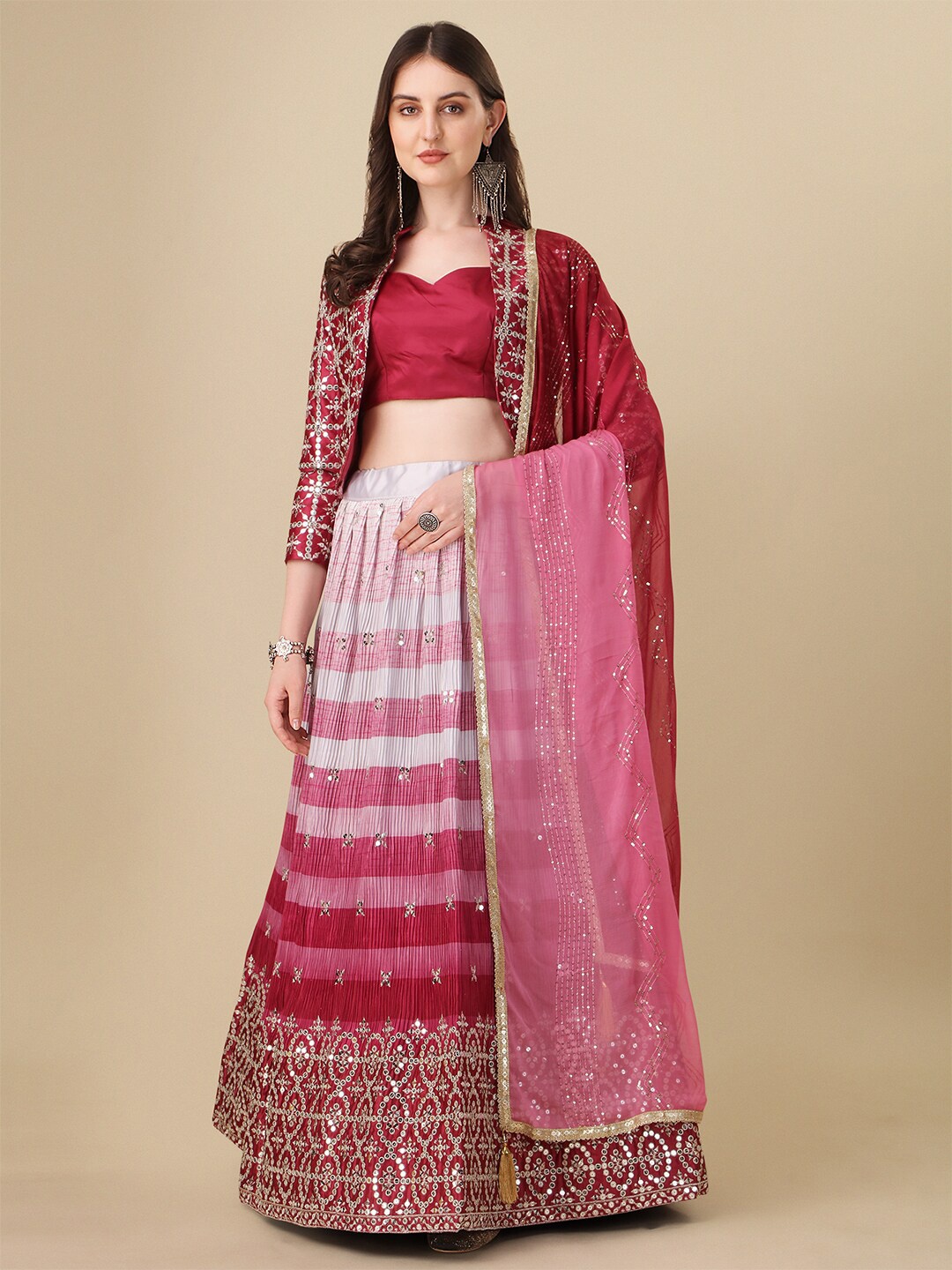 

Fab Dadu Embroidered Sequinned Jacket Lehenga & Unstitched Blouse With Dupatta, Pink