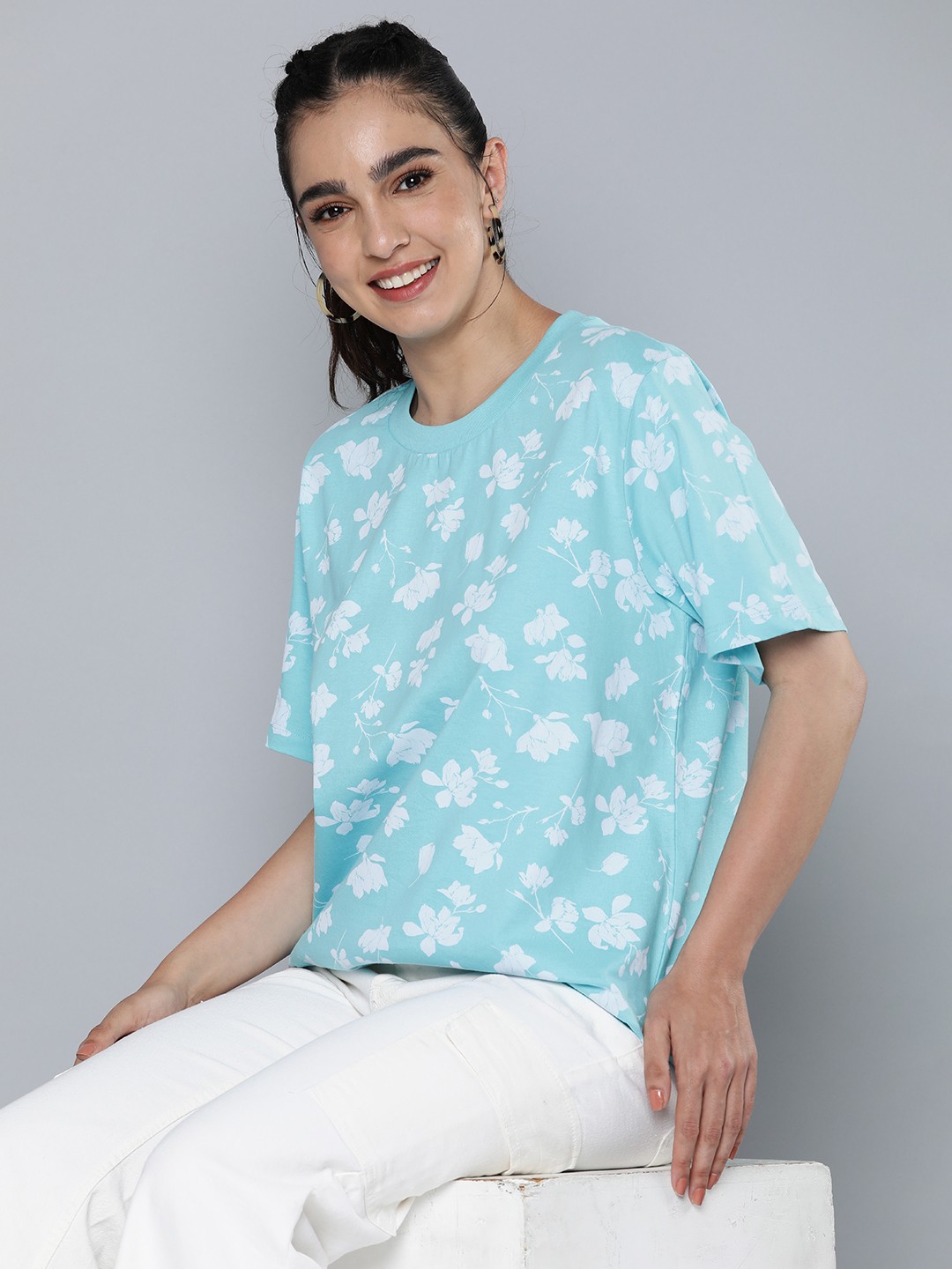 

HERE&NOW Women Floral Printed Pure Cotton T-shirt, Blue