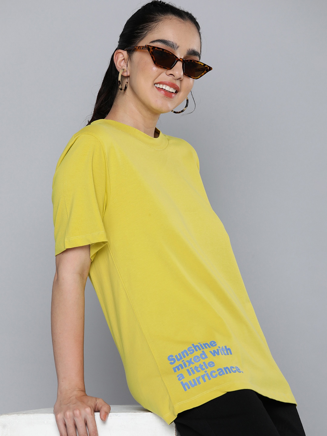 

HERE&NOW Women Typography Printed Pure Cotton T-shirt, Yellow
