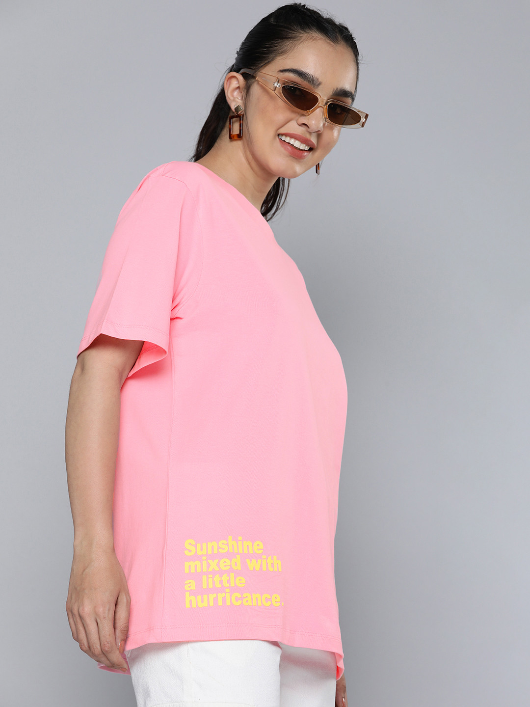 

HERE&NOW Typography Printed Longline Pure Cotton T-shirt, Pink