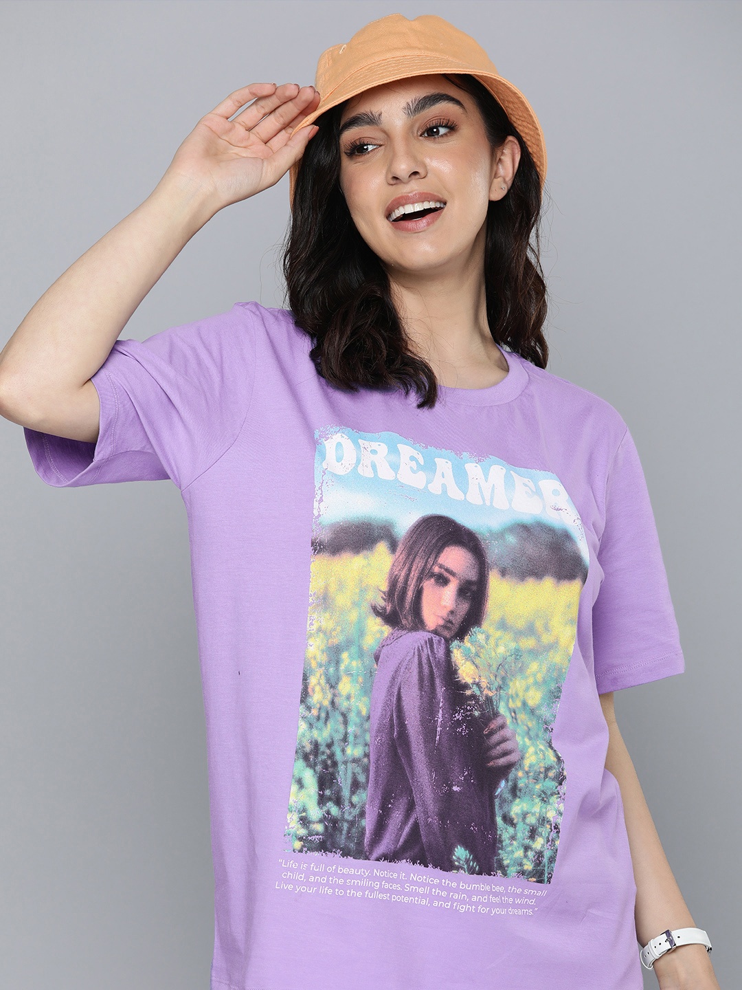 

HERE&NOW Graphic Printed Longline Pure Cotton T-shirt, Lavender