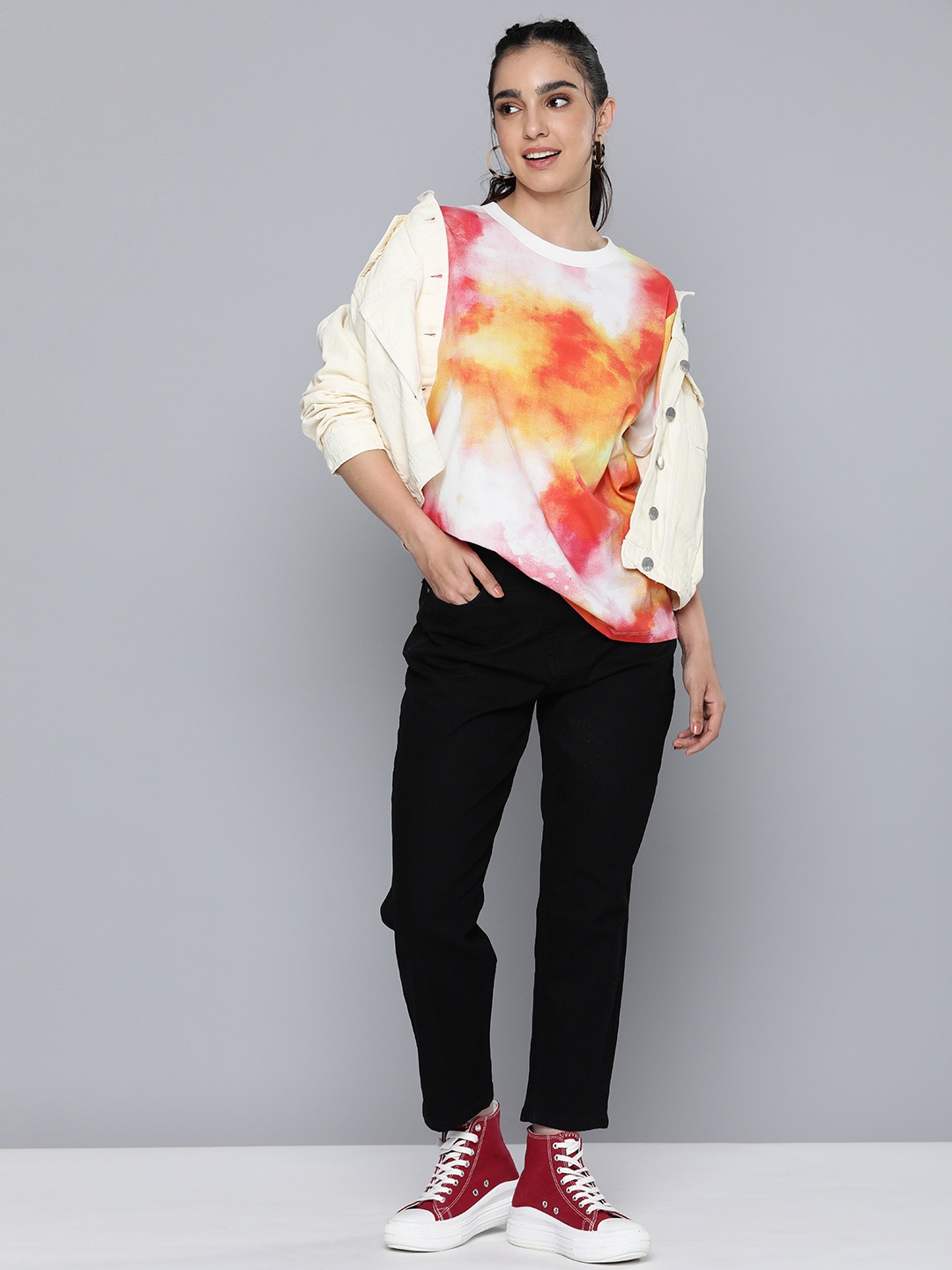 

HERE&NOW Women Tie and Dye Dyed Pure Cotton T-shirt, Off white