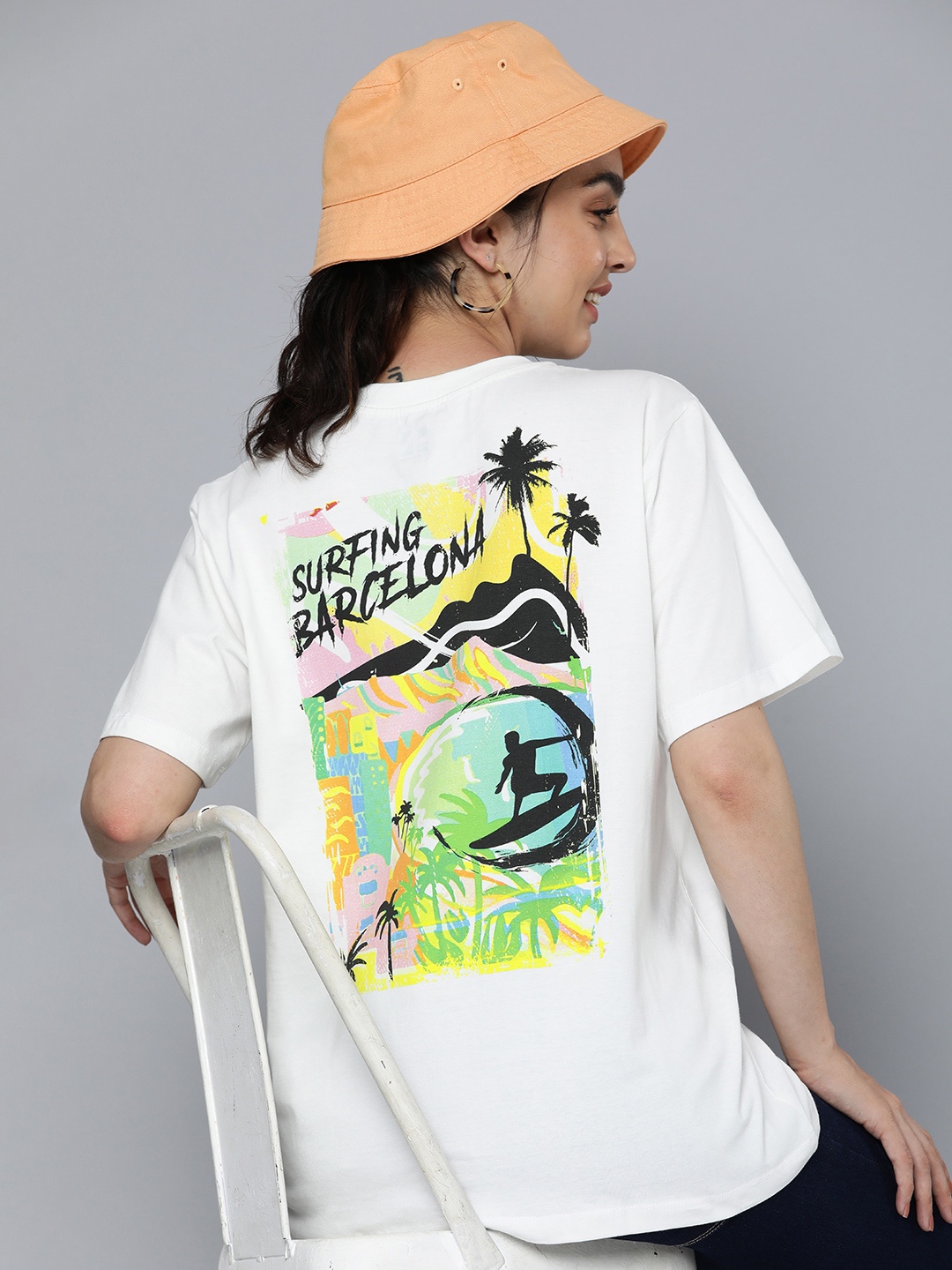 

HERE&NOW Women Printed Pure Cotton T-shirt, Off white