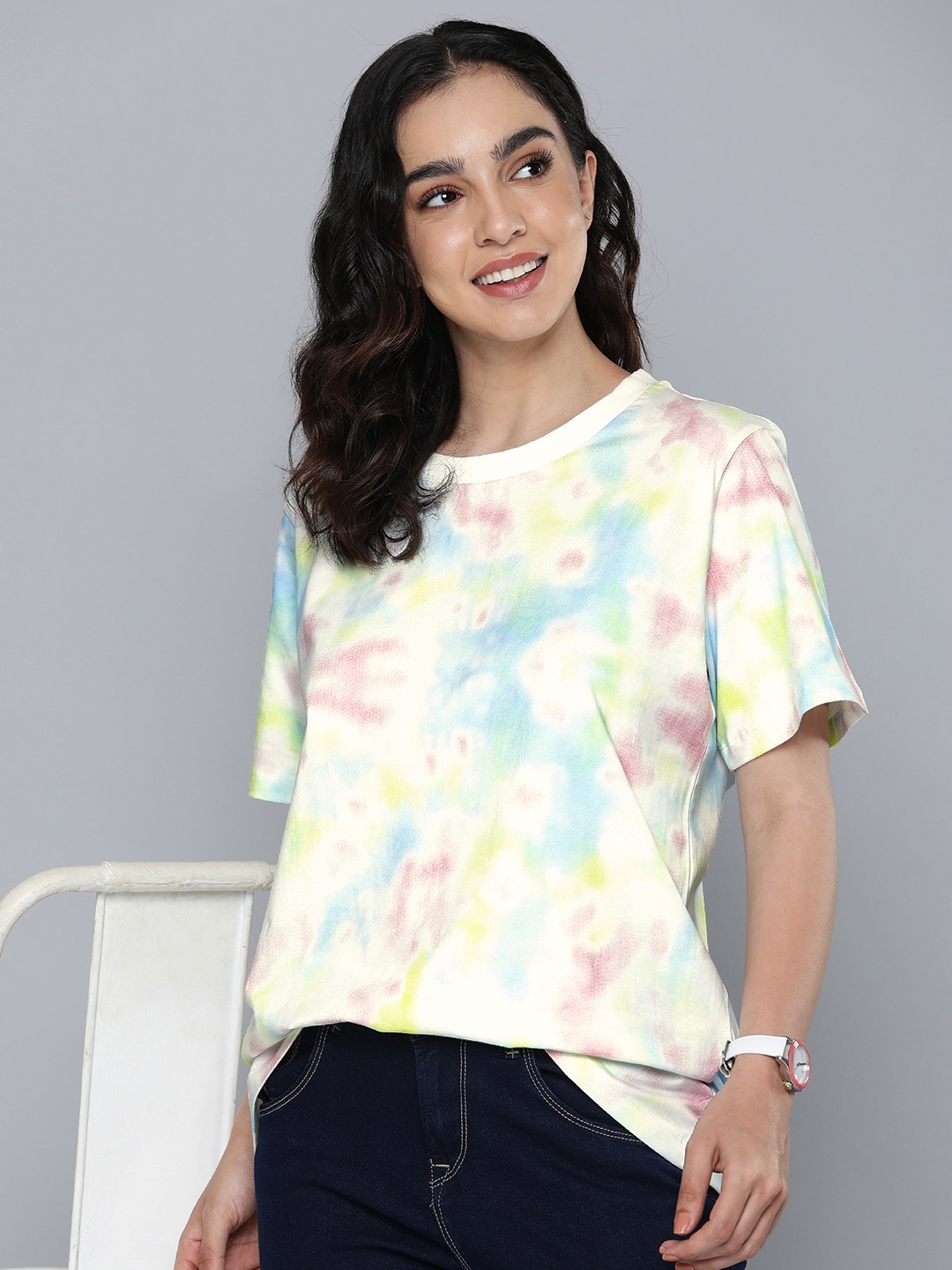 

HERE&NOW Tie & Dye Longline Pure Cotton T-shirt, Off white