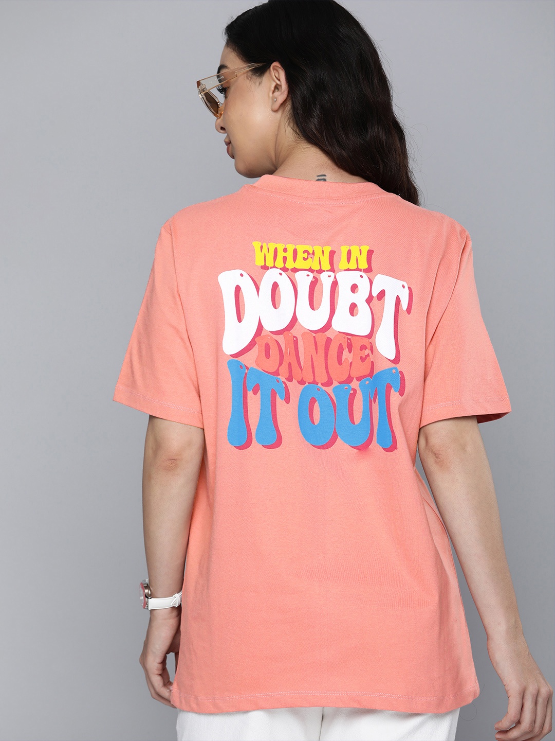 

HERE&NOW Typography Printed Longline Pure Cotton T-shirt, Peach