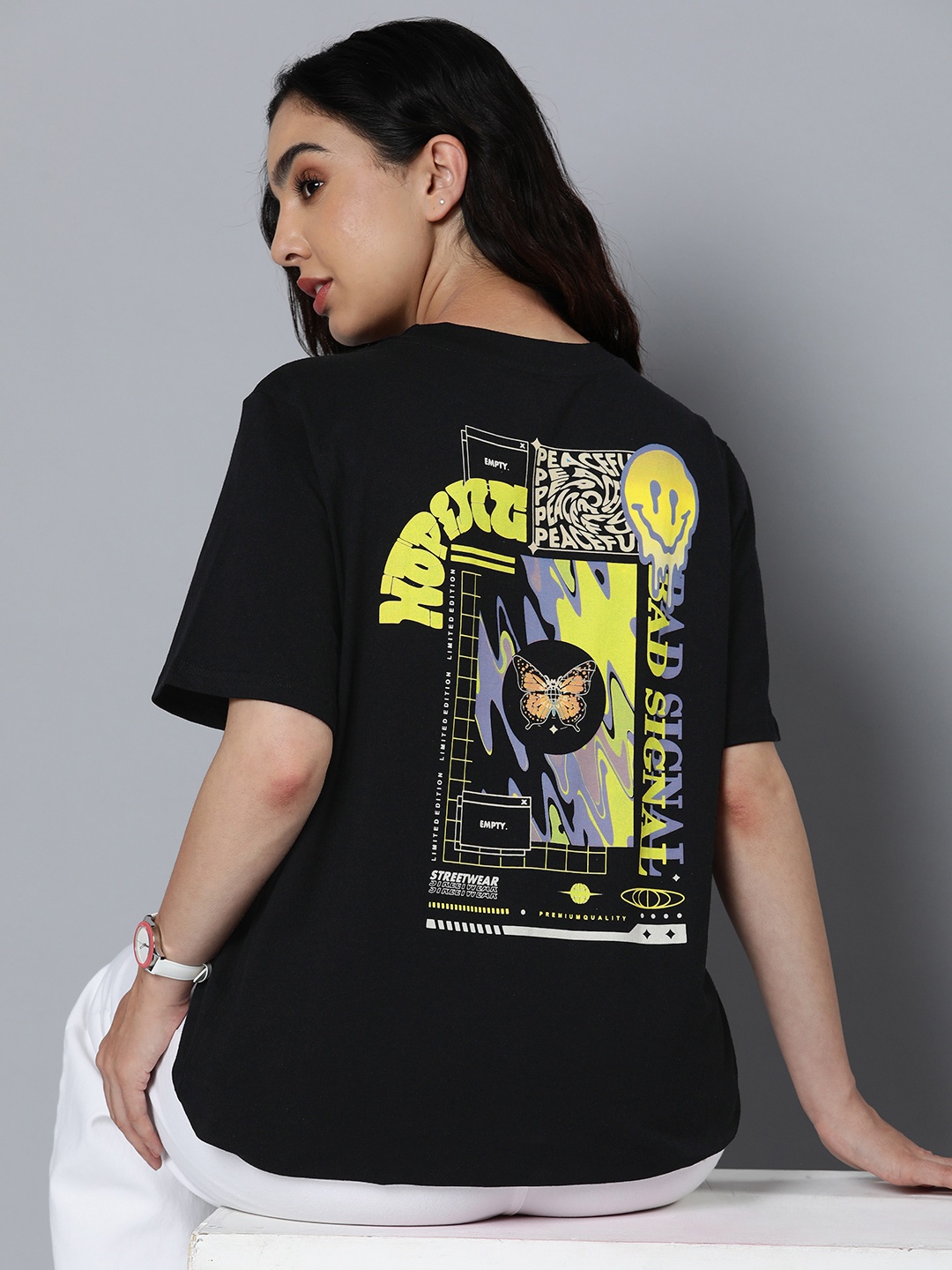 

HERE&NOW Graphic Printed Longline Pure Cotton T-shirt, Black