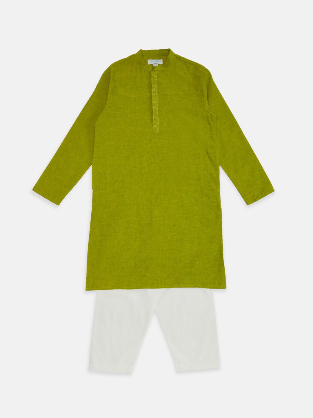 

indus route by Pantaloons Boys Mandarin Collar Thread Work Pure Cotton Kurta with Pyjamas, Green
