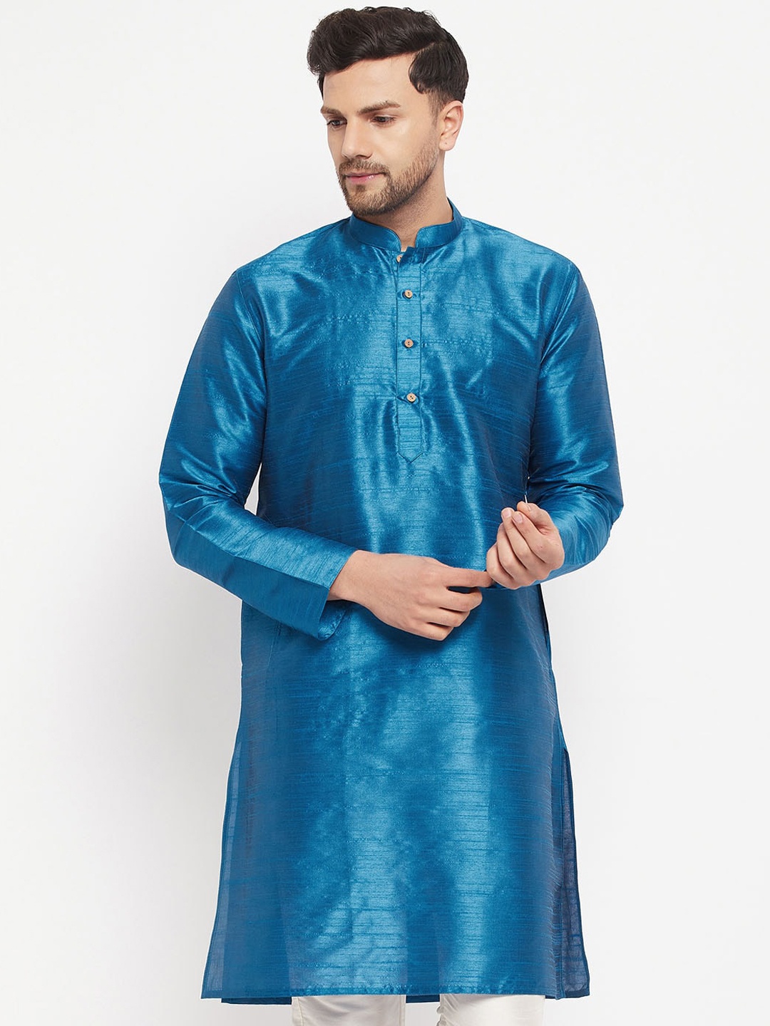 

VASTRAMAY Mandarin Collar Silk Blend Straight Kurta, Turquoise blue